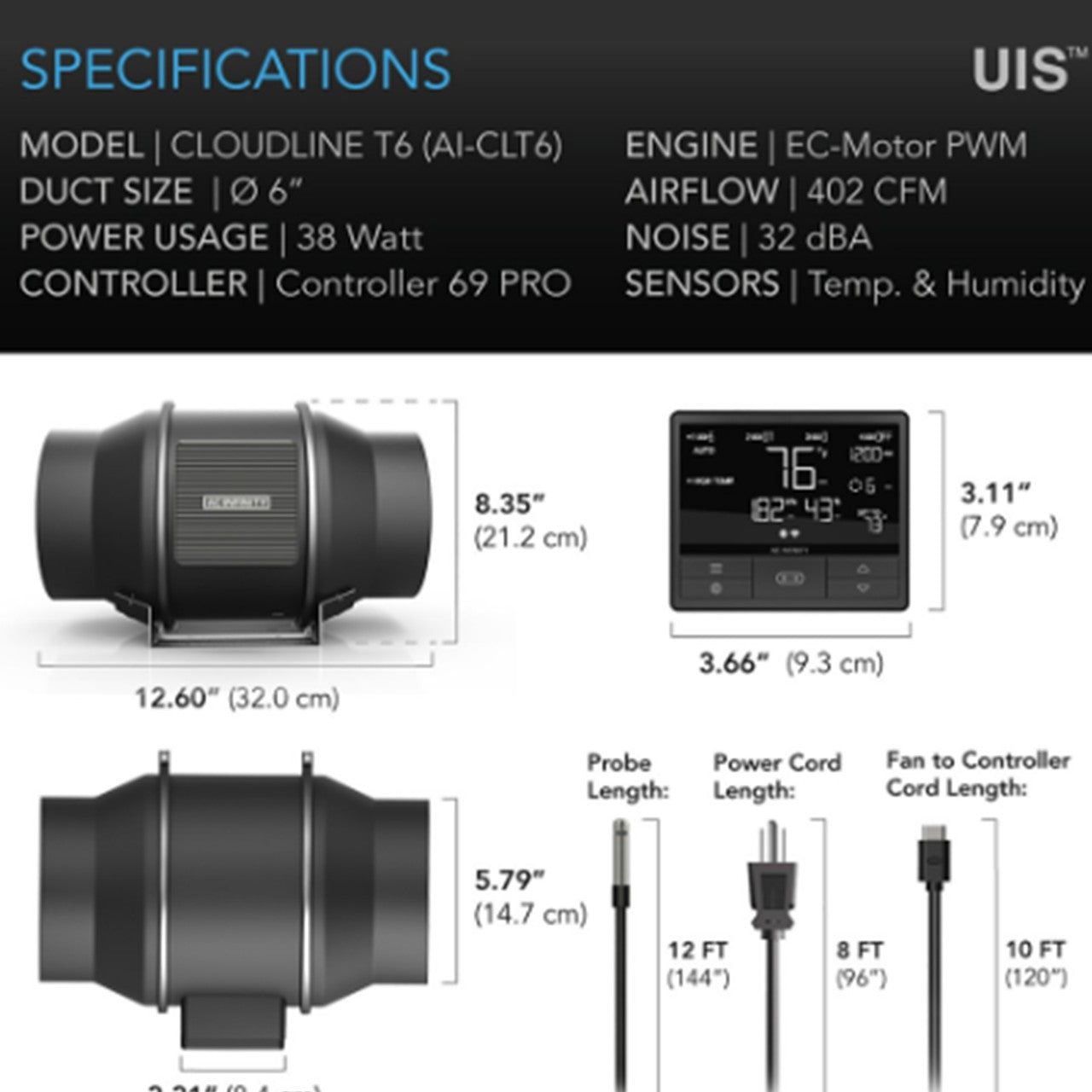 CLOUDLINE PRO T6, Quiet inline duct fan system with temperature humidity VPD controller, 6 Inch