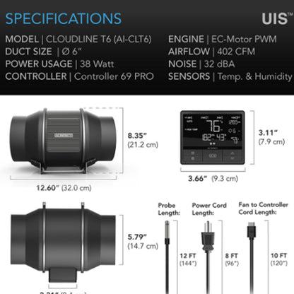 CLOUDLINE PRO T6, Quiet inline duct fan system with temperature humidity VPD controller, 6 Inch
